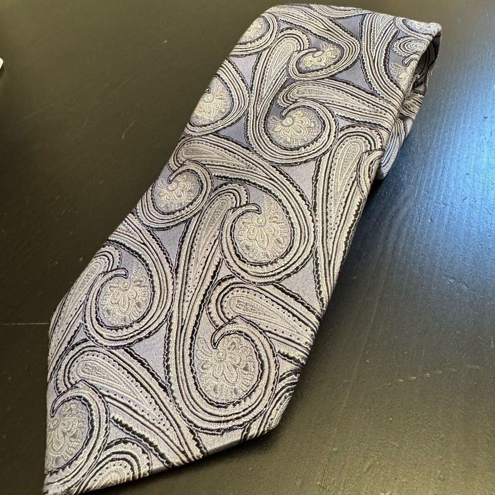 Zanetti Silk Tie Made in Italy • Silver Swirl Paisley Designer Formal 100% silk